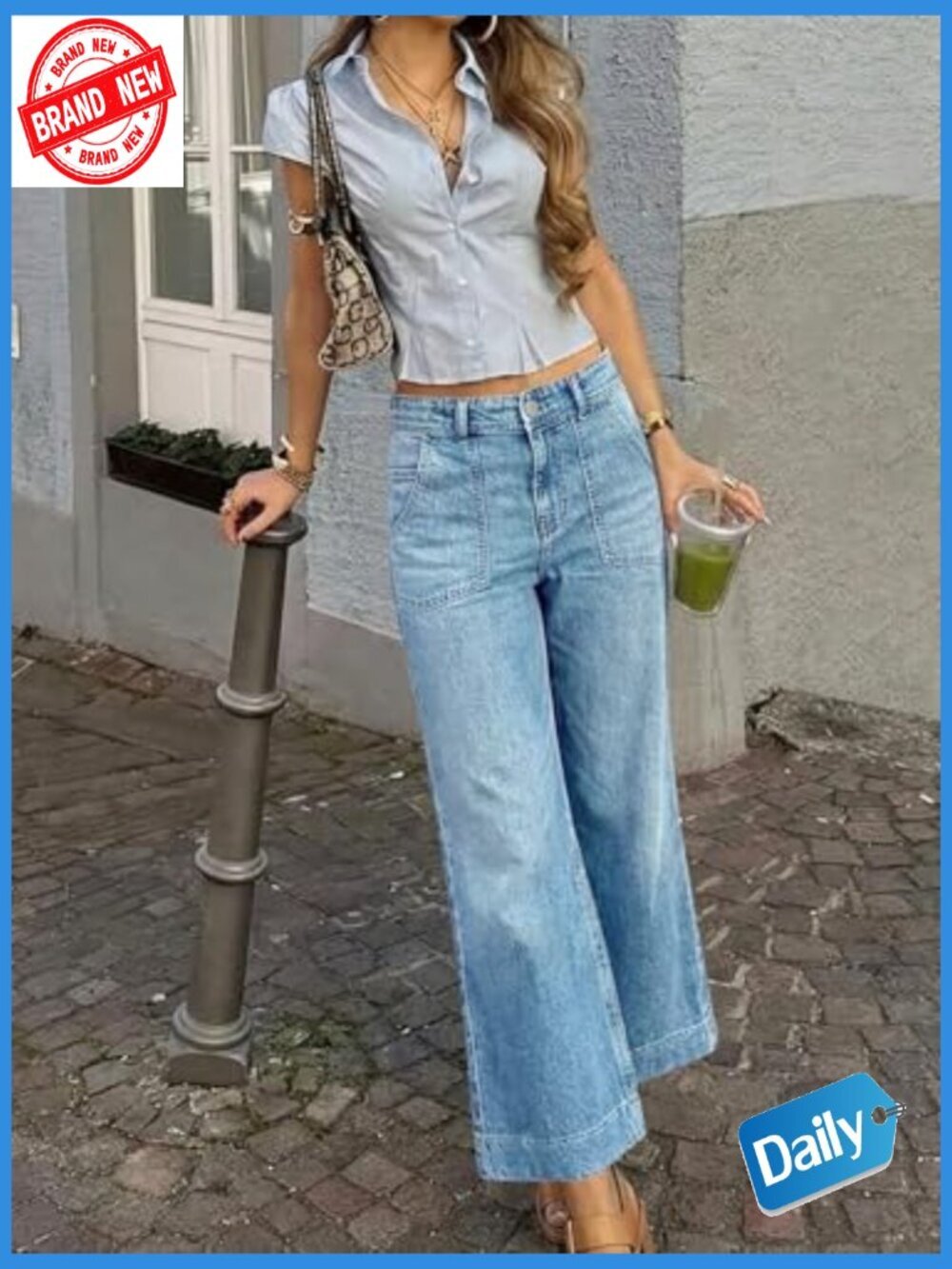 High Waisted Baggy Wide Leg Cropped Jeans Stretchy Denim Pants - Picture 4 of 7